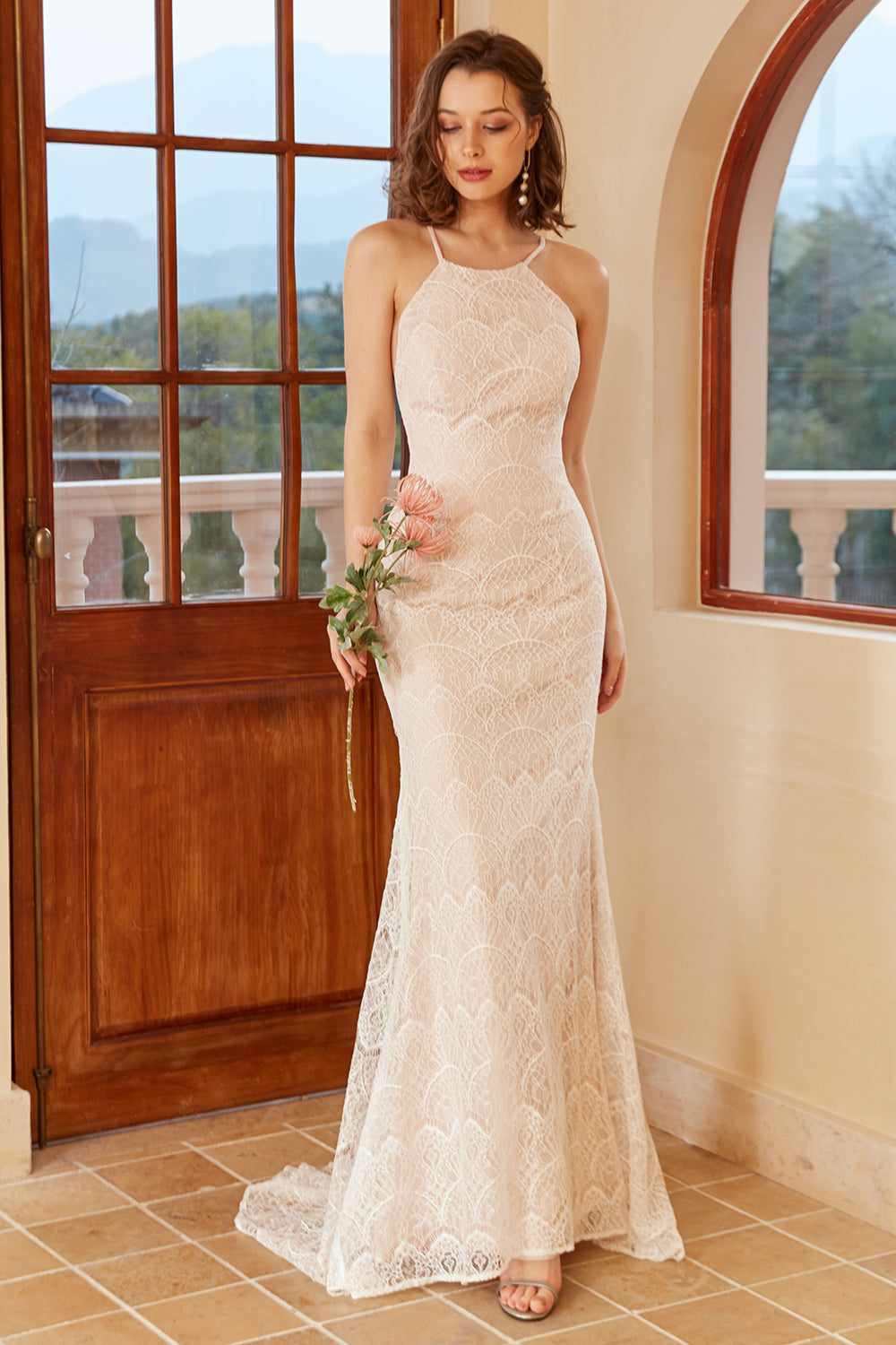 White Halter Lace Sweep Train Beach Wedding Dresses, Appliques Wedding –  Musebridals
