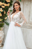 Deep V-Neck Ivory Tulle Sweep Train Wedding Dress with Lace