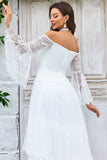 Ivory Sweep Train Flare Sleeves Wedding Dress