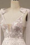 Ivory V-Neck Lace A-Line Wedding Dress with Bowknot