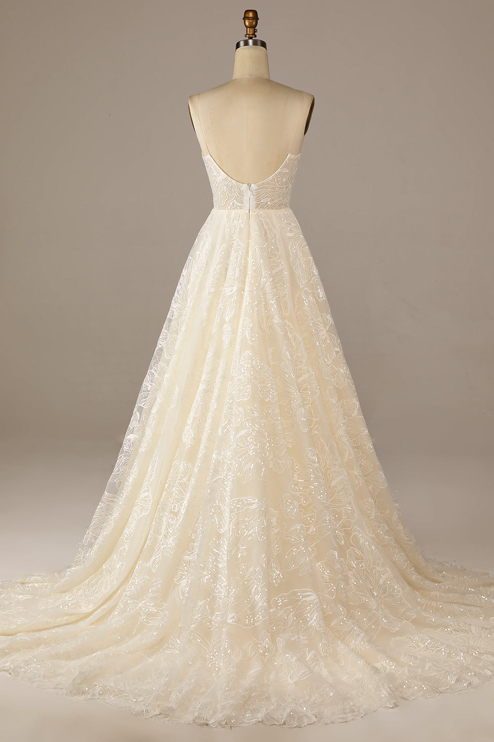 Sparkly Apricot Sweep Train Lace Wedding Dress