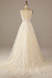 Sparkly Apricot Sweep Train Lace Wedding Dress