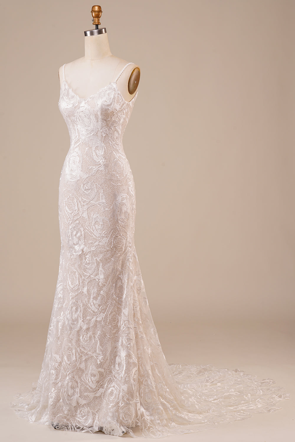 Backless Lace Ivory Wedding Dress with Sweep Train