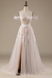 Champagne Tulle Detachable Off the Shoulder Wedding Dress with Lace