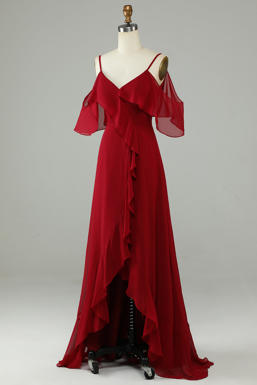 Asymmetrical Cold Shoudler Burgundy Long Bridesmaid Dress with Ruffles