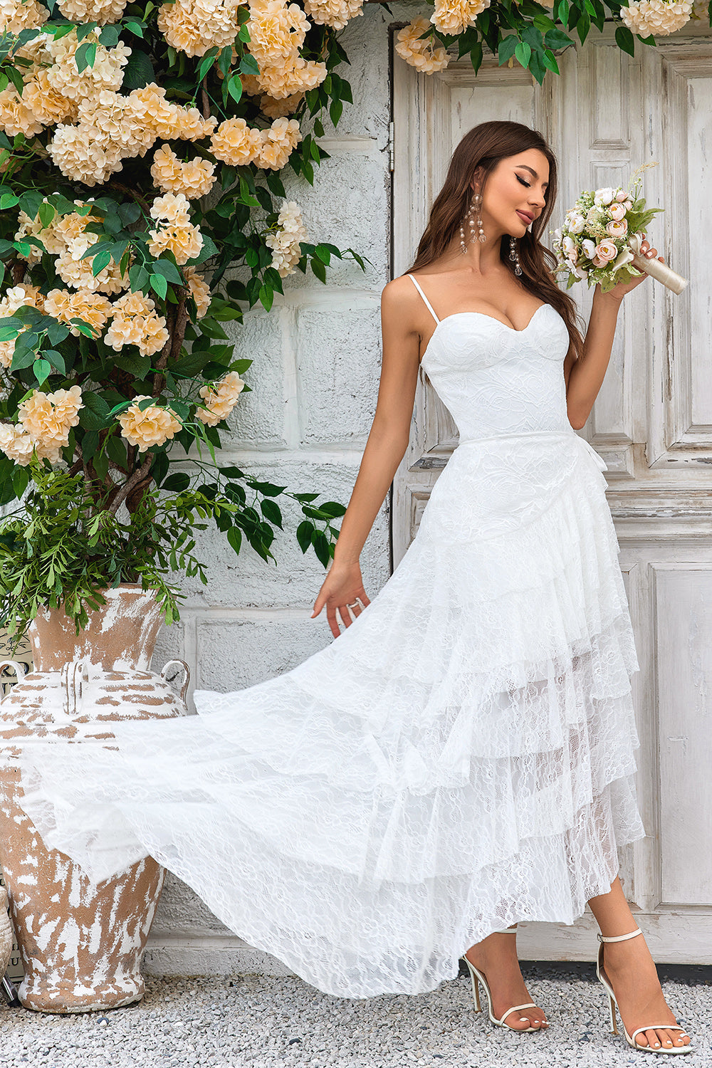 Zapaka Women Ivory Lace Asymmetrical Boho Wedding Dress Spaghetti Straps Detachable Train Tiered Bridal Dress, Ivory / US22W Zapaka Women Ivory Lace Asymmetrical Boho Wedding Dress Spaghetti Straps Detachable Train Tiered Bridal Dress, Ivory / US22W