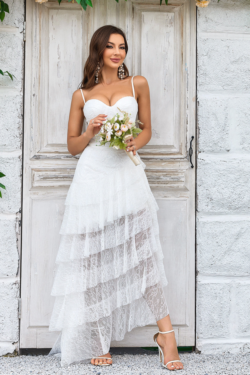 Zapaka Women Ivory Lace Asymmetrical Boho Wedding Dress Spaghetti Straps Detachable Train Tiered Bridal Dress, Ivory / US22W Zapaka Women Ivory Lace Asymmetrical Boho Wedding Dress Spaghetti Straps Detachable Train Tiered Bridal Dress, Ivory / US22W