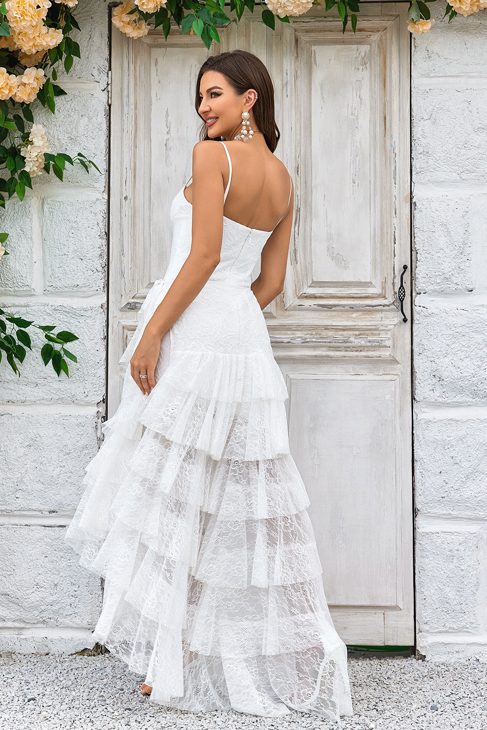 Zapaka Women Ivory Lace Asymmetrical Boho Wedding Dress Spaghetti Straps Detachable Train Tiered Bridal Dress, Ivory / US22W Zapaka Women Ivory Lace Asymmetrical Boho Wedding Dress Spaghetti Straps Detachable Train Tiered Bridal Dress, Ivory / US22W