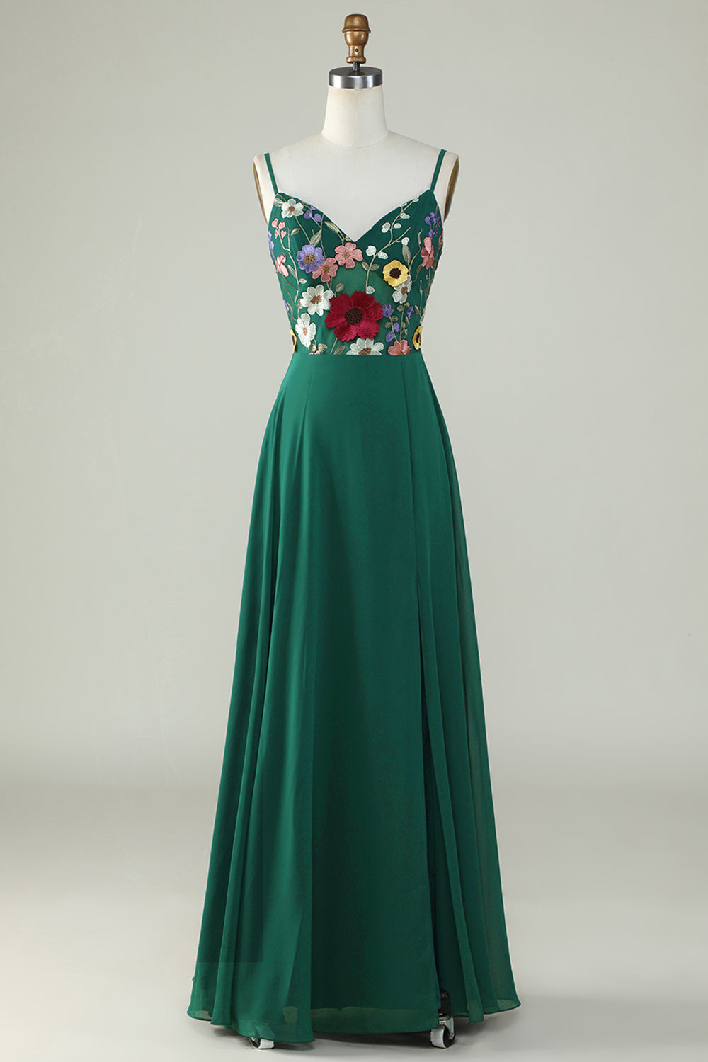 A-Line Spaghetti Straps Dark Green Long Bridesmaid Dress with 3D Flowers