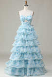 Spaghetti Straps Cut Out Tiered Blue Bridesmaid Dress