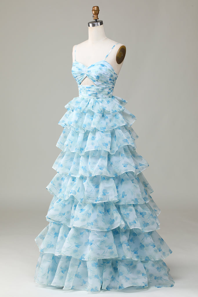 Beautiful Blue Floral Shoulder Strap Sheath Tiered Party Dress Bridesmaid Dress DP6303