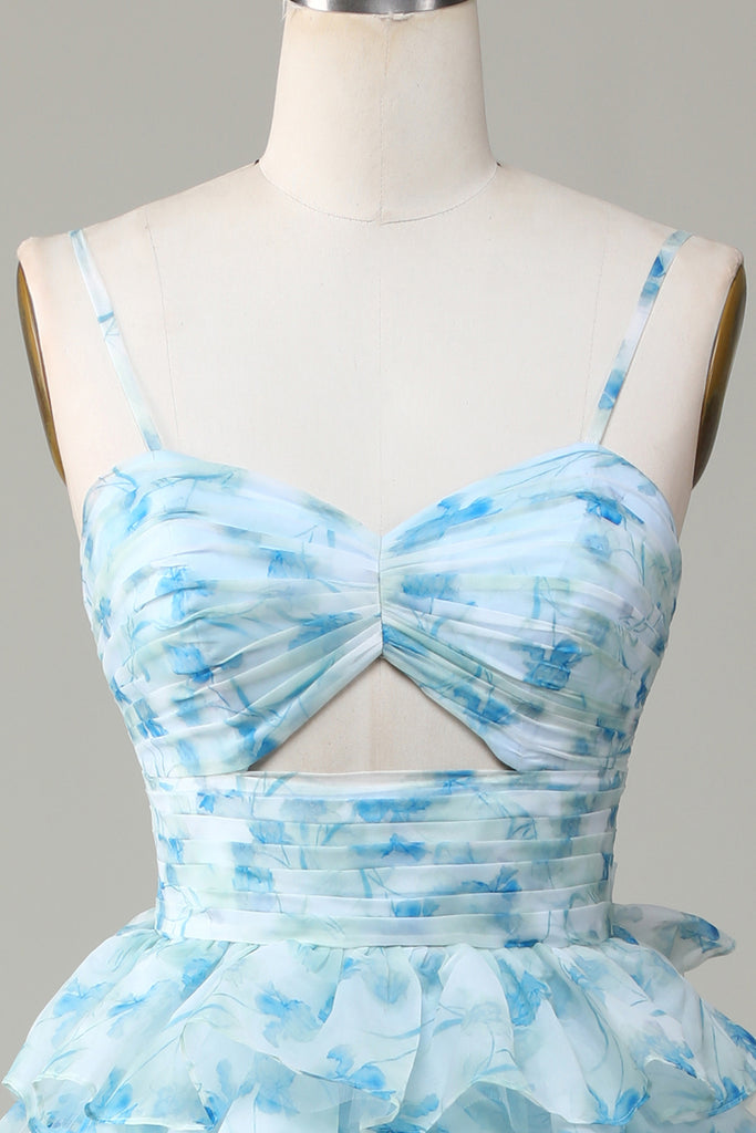 Vintage Blue Flower Spaghetti Strap Dress Slit main image 1