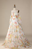 Ivory Floral A-Line Sweep Train Wedding Dress with Sleeves