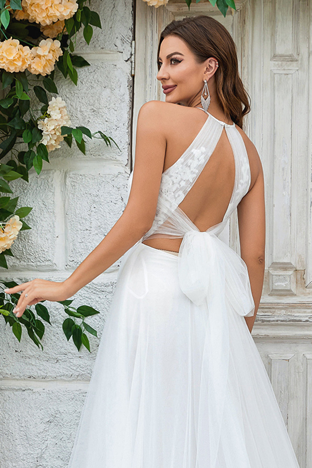 Ivory Open Back Tulle Sweep Train Wedding Dress with Lace
