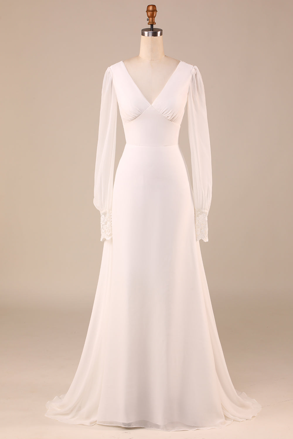 Ivory Long Sleeves Boho Chiffon Open Back Wedding Dress