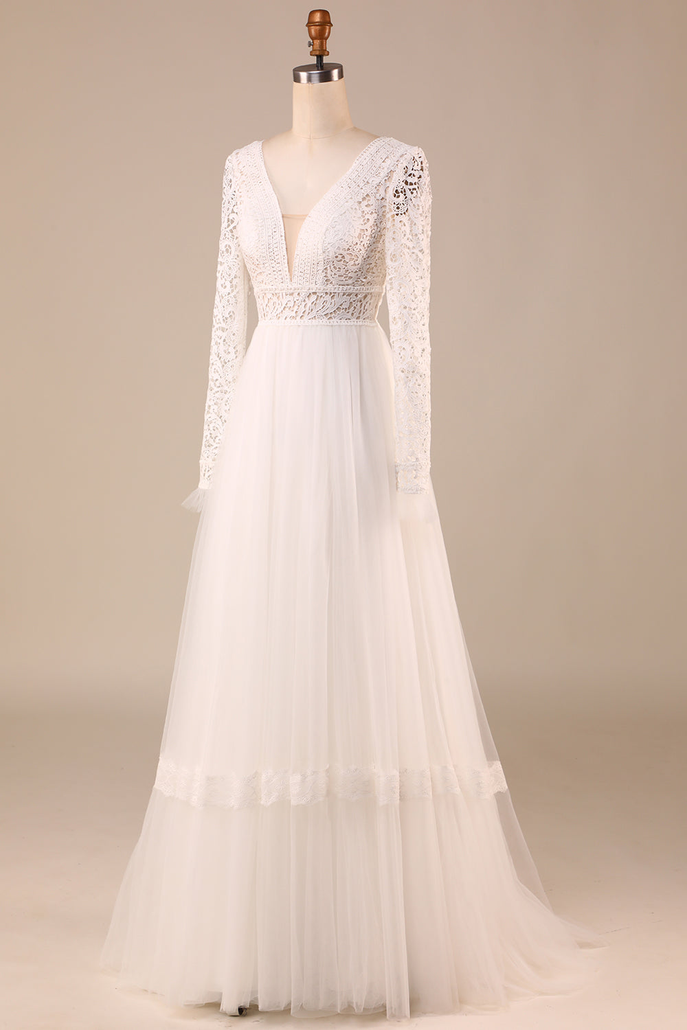 Ivory Long Sleeves Tulle A-Line Wedding Dress with Lace