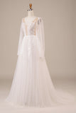Long Sleeves Open Back Ivory Wedding Dress with Appliques