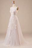 Tulle Backless Ivory Long Wedding Dress with Embroidery