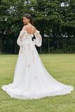 Ivory Detachable Long Sleeves Sweep Train Wedding Dress with 3D Flowers
