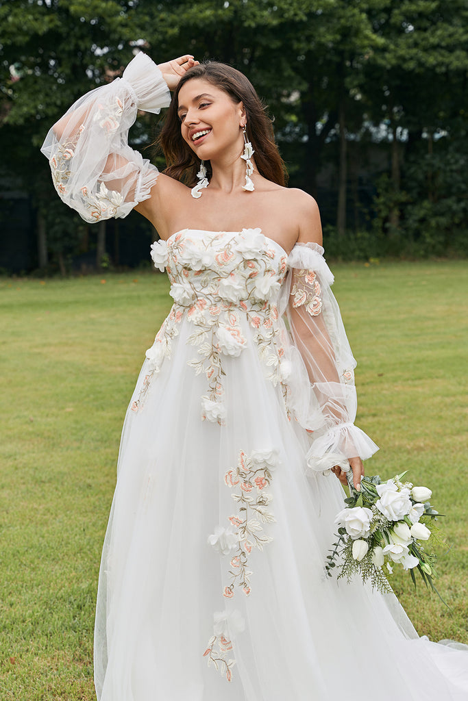 3D Flower Wedding Dress with Detachable Sleeves Sweetheart Bridal Dress Open Back Appliqued
