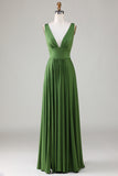 Olive Deep V-neck Sleeveless Long Bridesmaid Dress