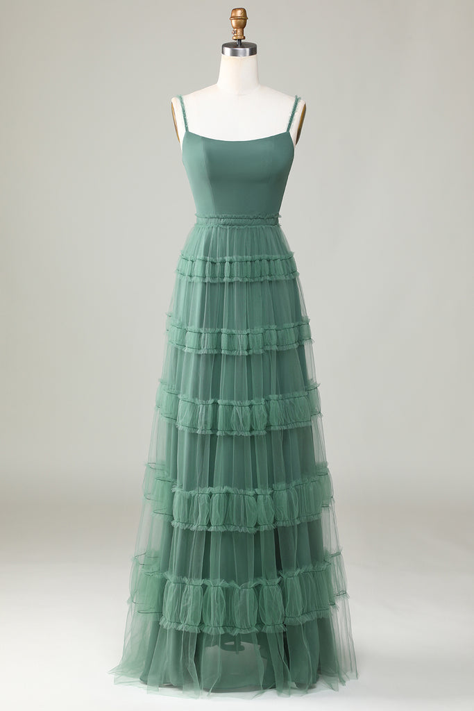 Eucalyptus V Neck Open Back A-Line Tulle Bridesmaid Dress
