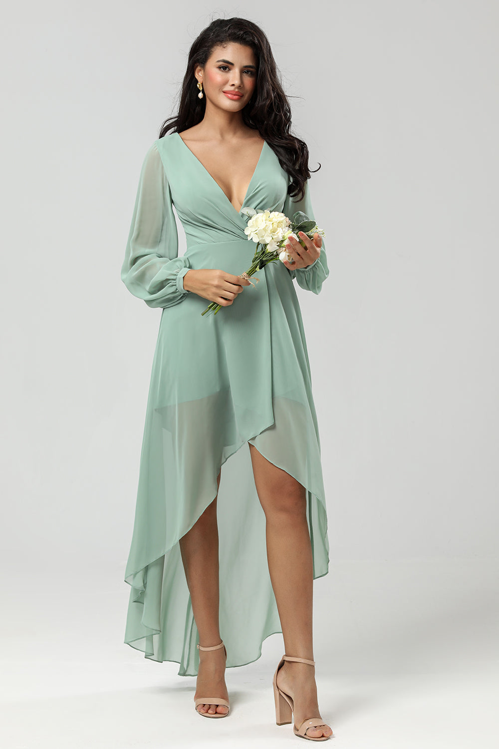 High-low Chiffon A Line Green Bridesmaid Dress with Long Sleeves