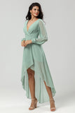 High-low Chiffon A Line Green Bridesmaid Dress with Long Sleeves