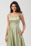 Satin A Line Green Bridesmaid Dress with Pockets