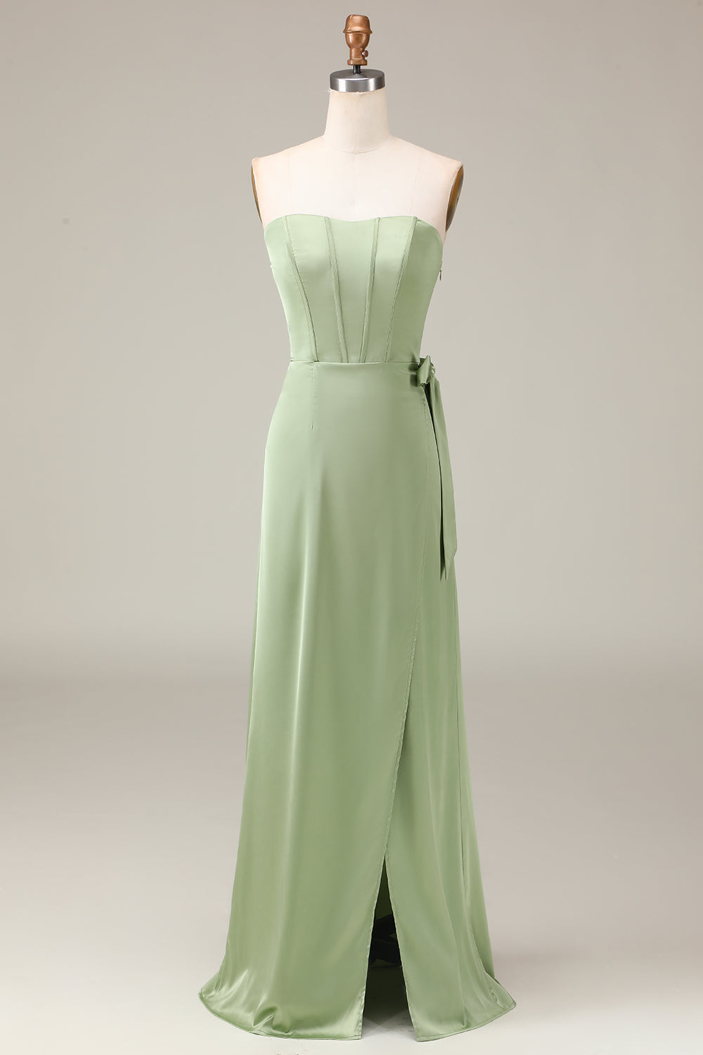 Matcha Strapless Corset A-line Satin Bridesmaid Dress with Slit