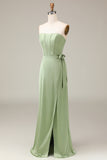 Matcha Strapless Corset A-line Satin Bridesmaid Dress with Slit