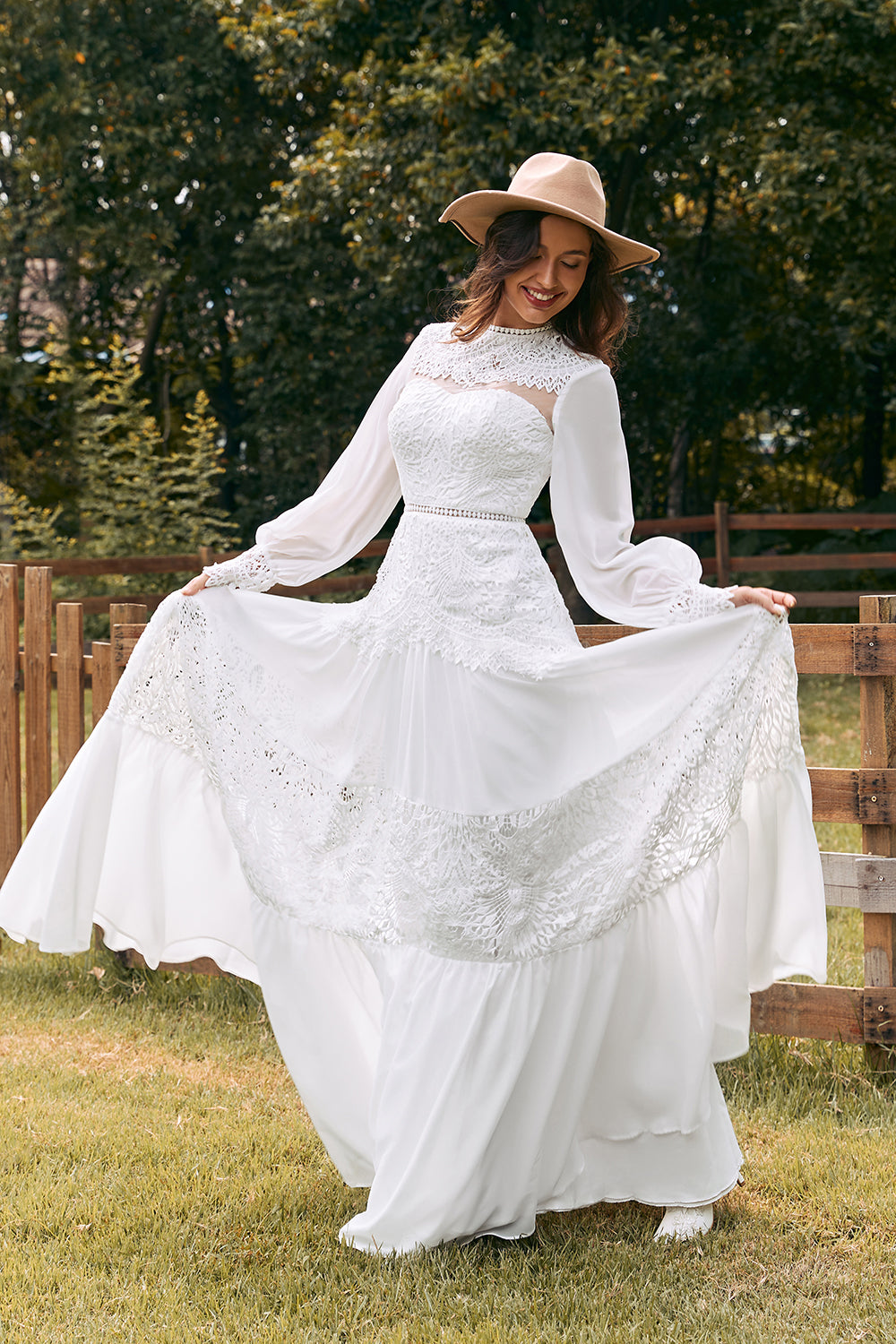 Ivory Long Sleeves Boho Wedding Dress with Lace