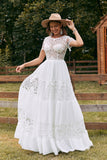 Ivory Short Sleeves Boho Chiffon Wedding Dress with Lace