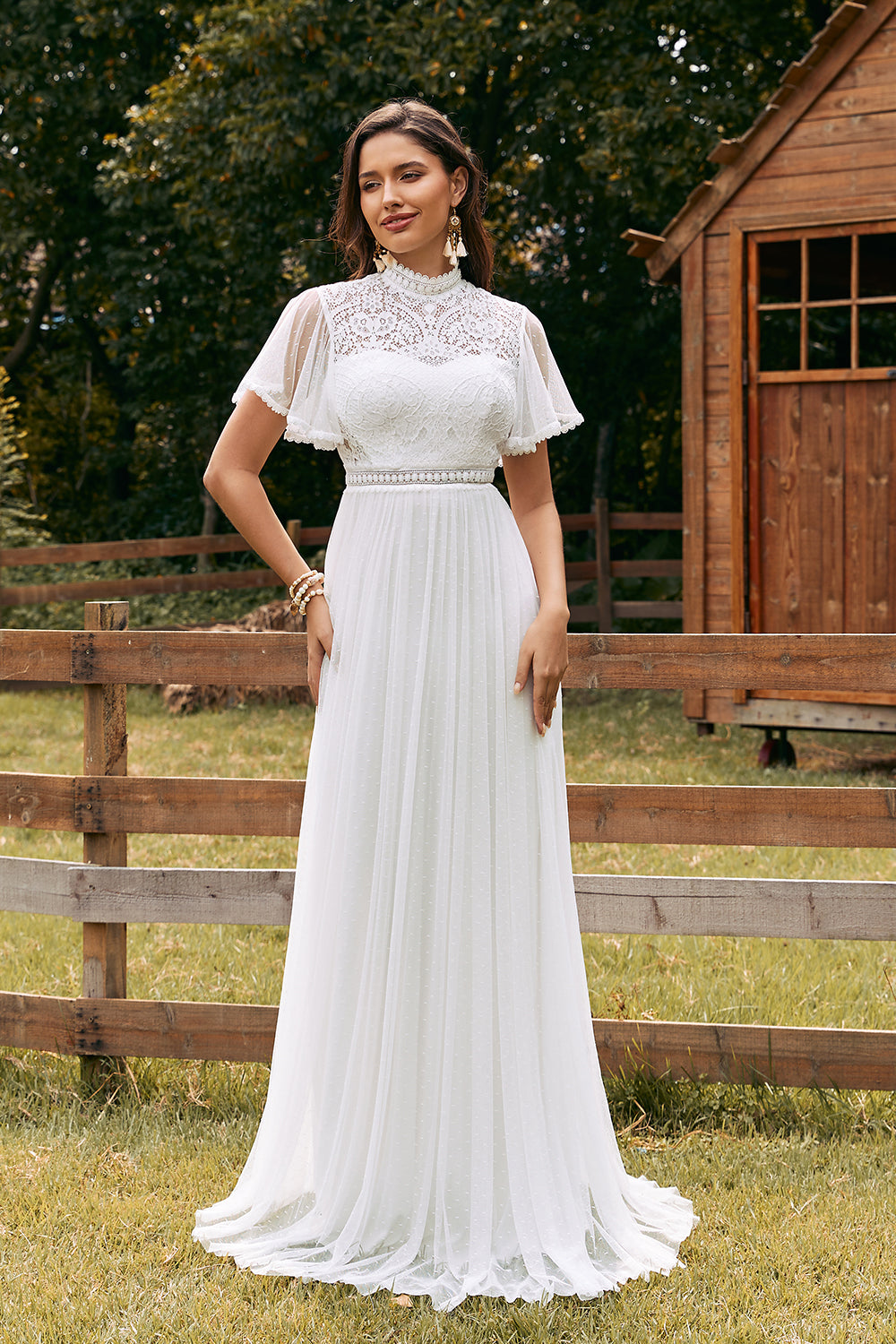 Zapaka Women Vintage Ivory Chiffon Boho Wedding Dress with Lace Round Neck Short Sleeves Bridal Dress, Ivory / US16 Zapaka Women Vintage Ivory Chiffon Boho Wedding Dress with Lace Round Neck Short Sleeves Bridal Dress, Ivory / US16