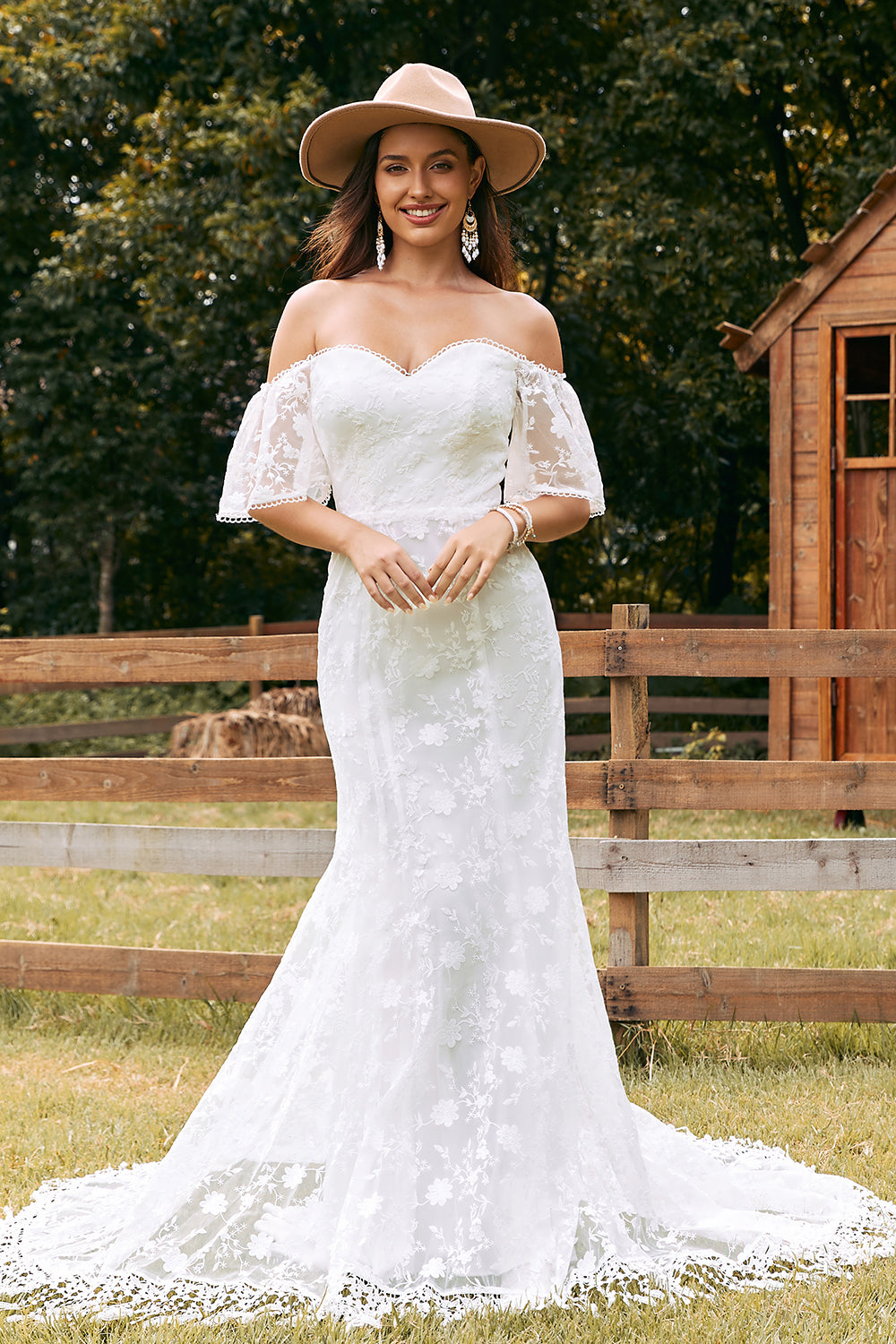 Ivory Mermaid Lace Sweep Train Wedding Dress with Sleeves