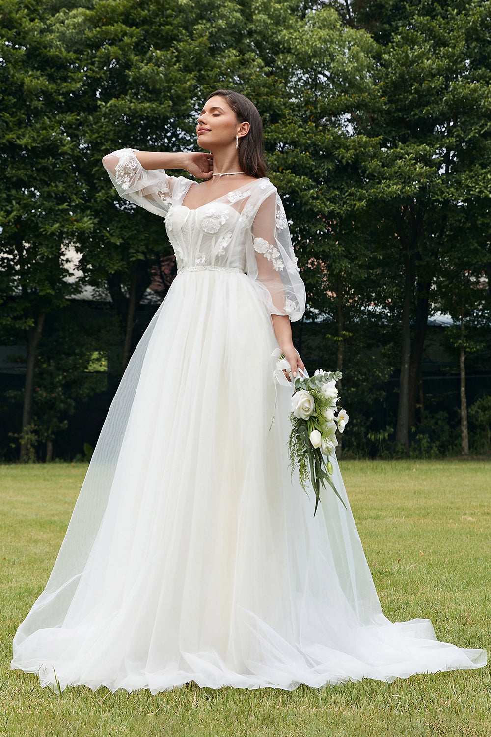 Ivory Puff Sleeves Corset Wedding Dress with 3D Flowers