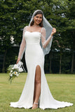 Ivory Illusion Long Sleeves Backless Mermaid Wedding Dress with Slit