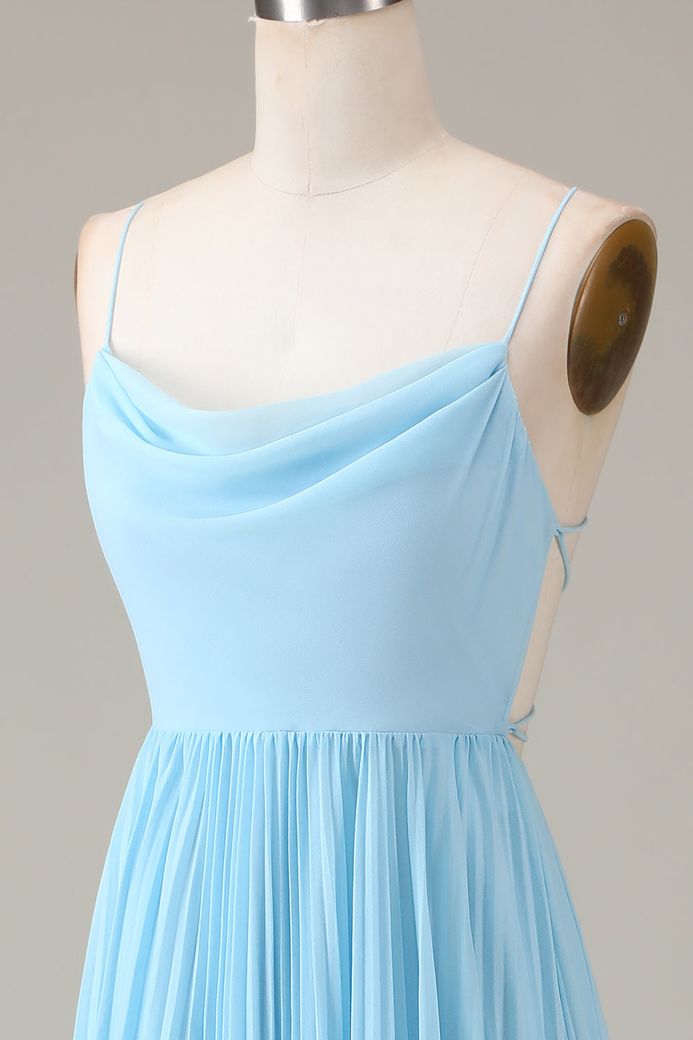 Sky Blue Spaghetti Straps Cowl Neck Pleated Open Back A-line Chiffon Bridesmaid Dress