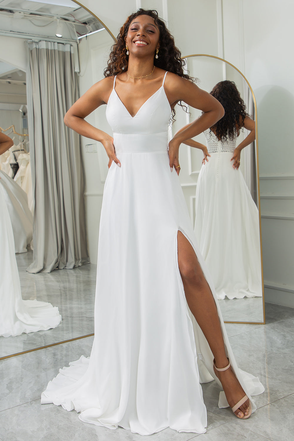 Zapaka Women Ivory A-Line Chiffon Boho Wedding Dress with Lace Spaghetti Straps Bridal Dress, Ivory / US24W Zapaka Women Ivory A-Line Chiffon Boho Wedding Dress with Lace Spaghetti Straps Bridal Dress, Ivory / US24W