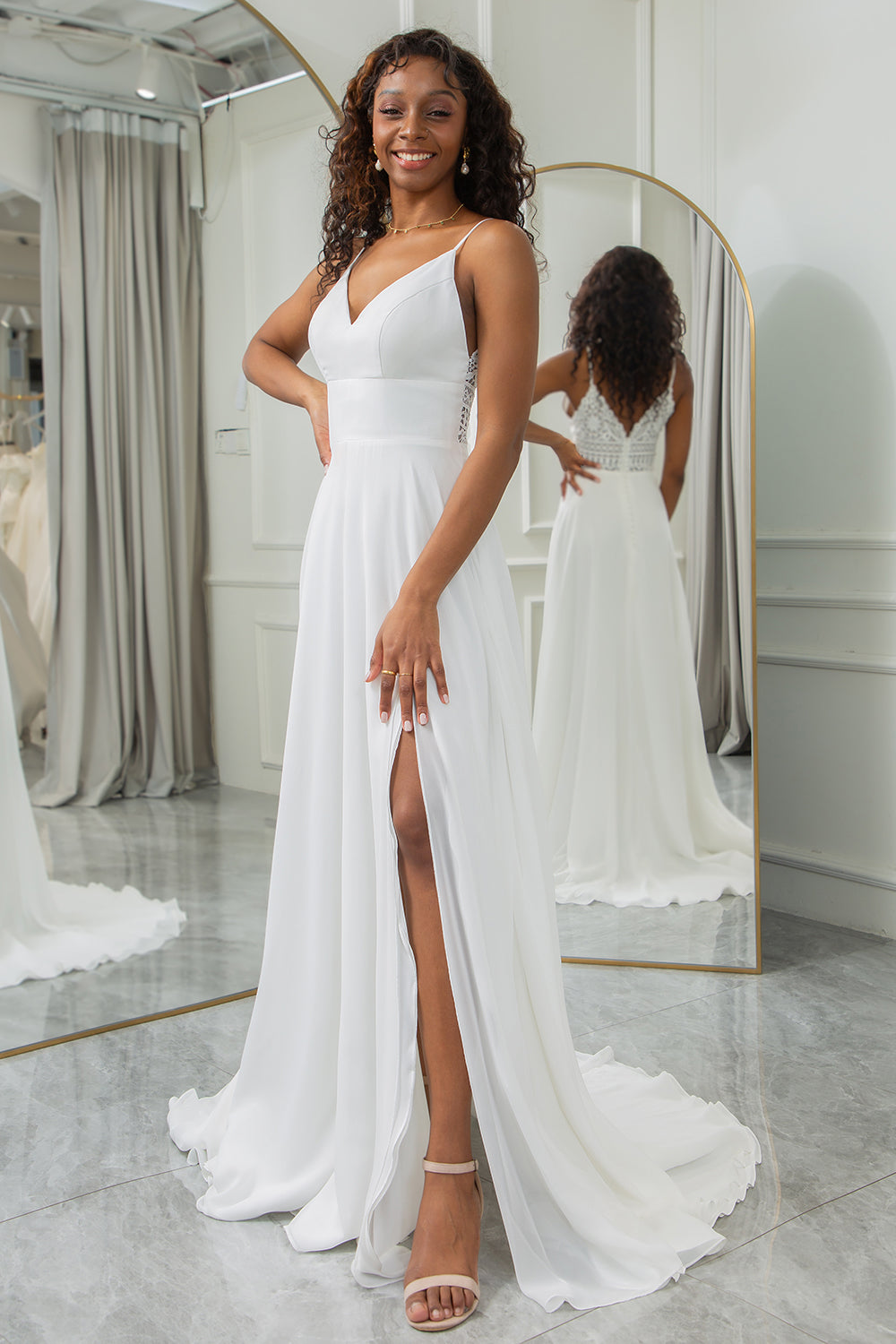 Zapaka Women Ivory A-Line Chiffon Boho Wedding Dress with Lace Spaghetti Straps Bridal Dress, Ivory / US24W Zapaka Women Ivory A-Line Chiffon Boho Wedding Dress with Lace Spaghetti Straps Bridal Dress, Ivory / US24W