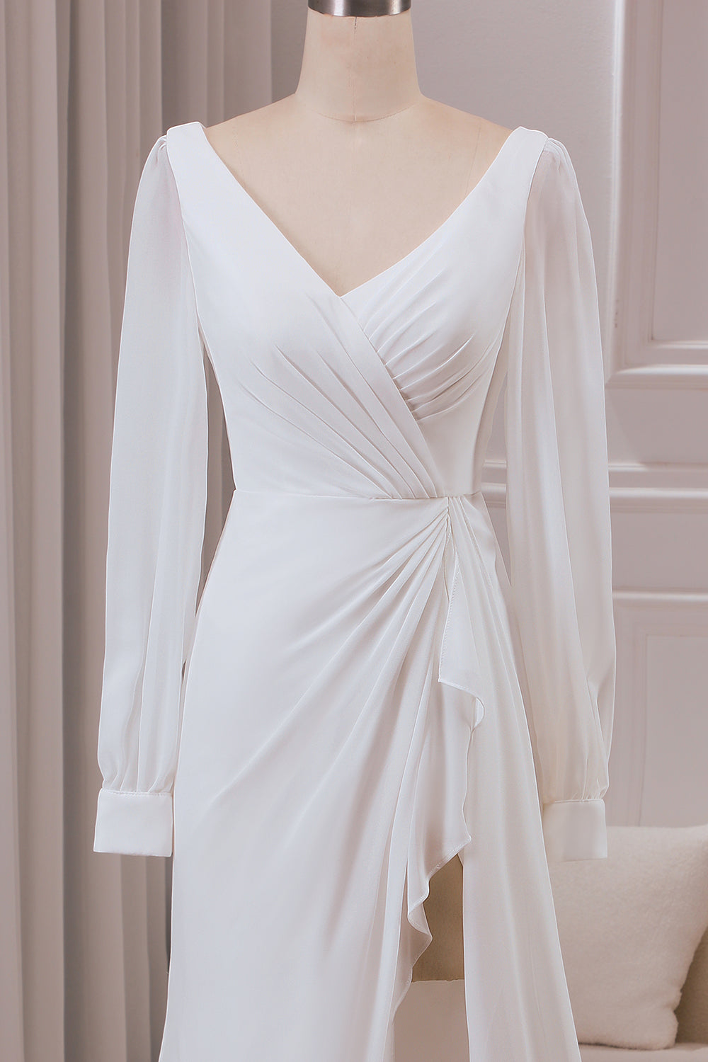 Ivory V-neck Long Sleeves A-line Chiffon Bridal Dress