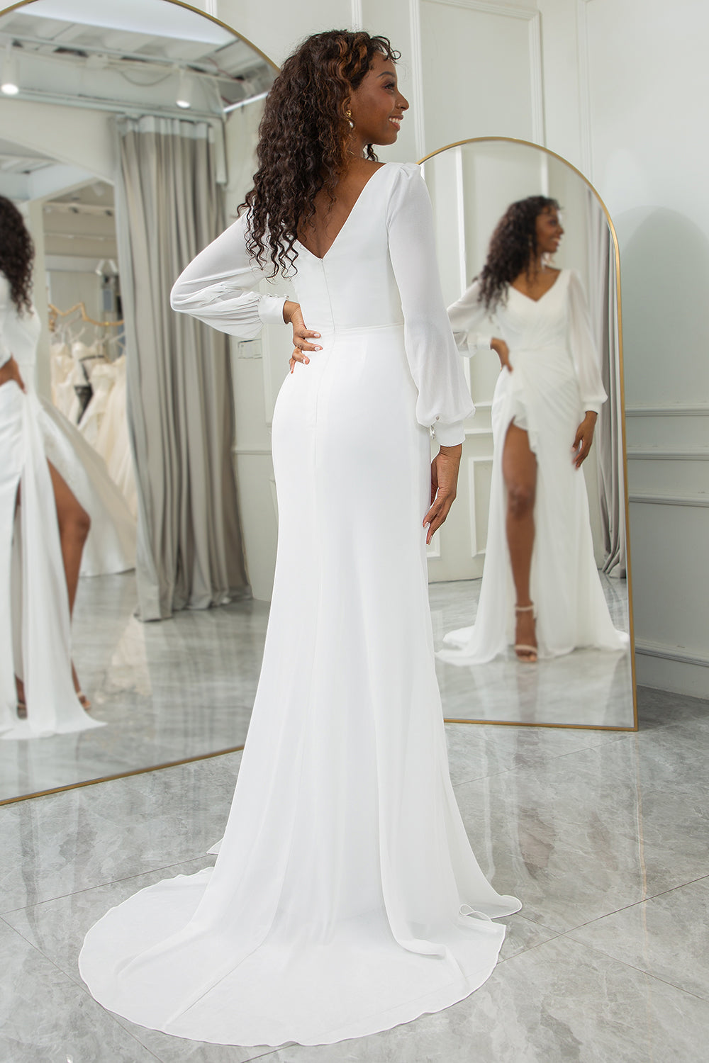 Zapaka Women Simple Ivory Boho Wedding Dress Ruffled Long Sleeves V-Neck Sweep Train Bridal Dress, Ivory / US22W Zapaka Women Simple Ivory Boho Wedding Dress Ruffled Long Sleeves V-Neck Sweep Train Bridal Dress, Ivory / US22W