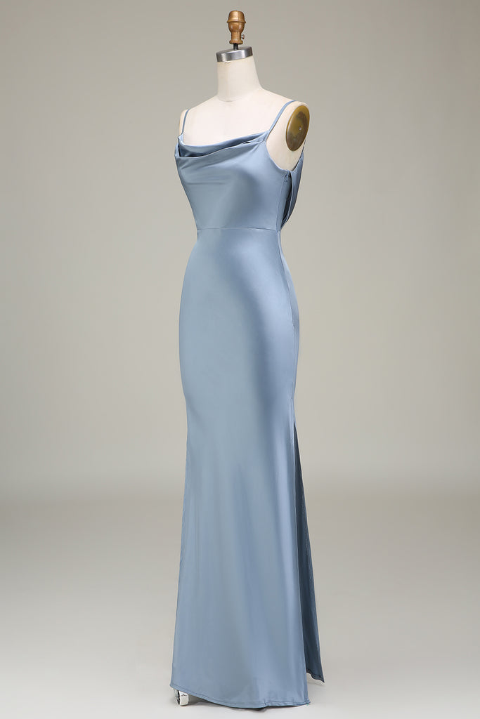 ZAPAKA Women Dusty Blue Sheath Spaghetti Straps Satin Long Bridesmaid Dress