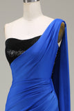 Royal Blue One Shoulder Satin and Sequin Mermaid Pleated Prom Dress with Slit