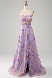 Light Purple A-Line Spaghetti Straps Floral Long Prom Dress with Appliques