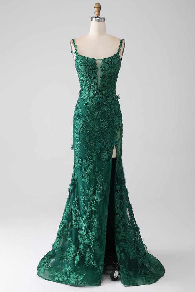 Green Long Sleeve Lace Appliques Split Mermaid Evening Gowns JTE221