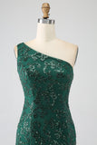 Sparkly Dark Green Beaded Long Mermaid Lace Prom Dress with Slit
