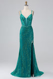 Dark Green Sparkly Mermaid Spaghetti Straps Corset Prom Dress With Slit