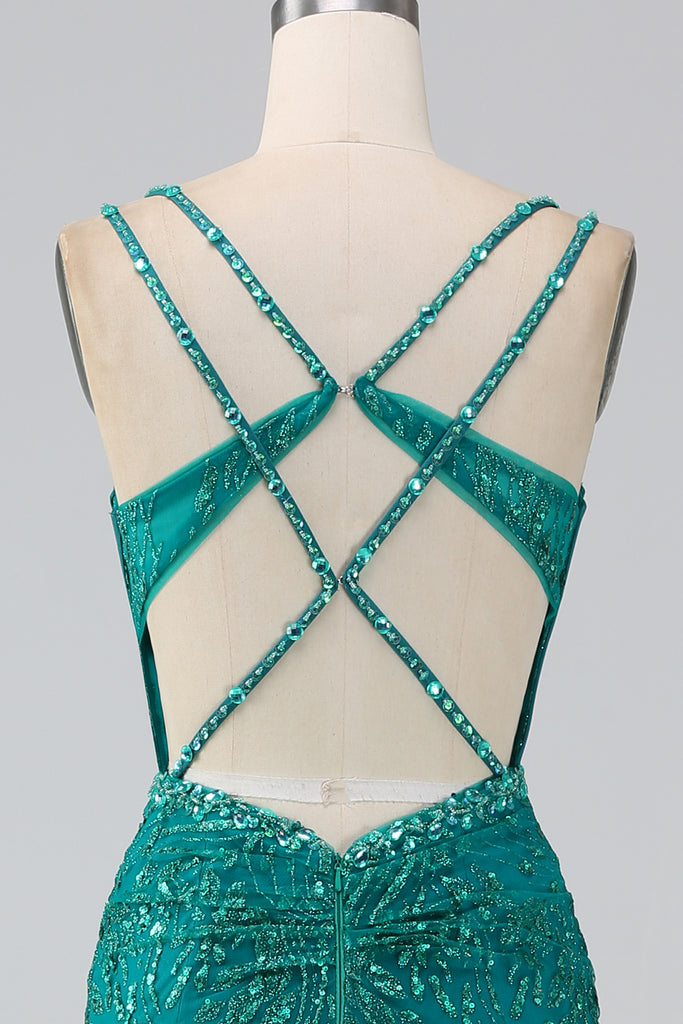 Sparkly Dark Green Mermaid Sequin Pleated Corset Prom Dress With Slit
