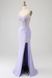 Glitter Lilac Corset Mermaid Long Prom Dress with Slit